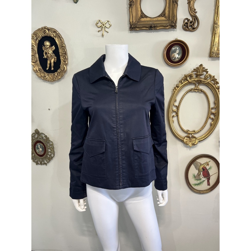 Tory Burch Navy Blue Full Zip Jacket Floral Pattern Panel Back Size 4